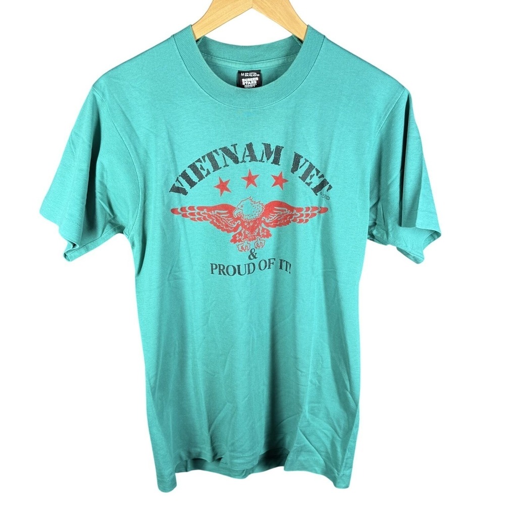 Screen Stars Vietnam Vet T-Shirt Mens M Teal‎ Proud Of It Eagle Graphic USA